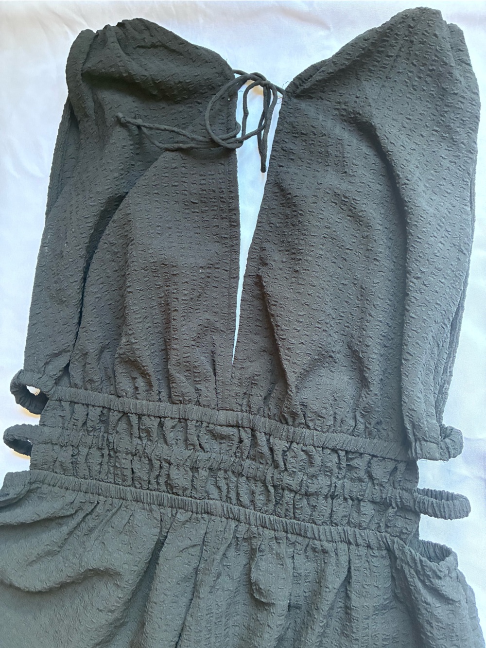 Black V-Neck Wide-Leg Jumpsuit with Smocked Waist - Picture 6 of 6